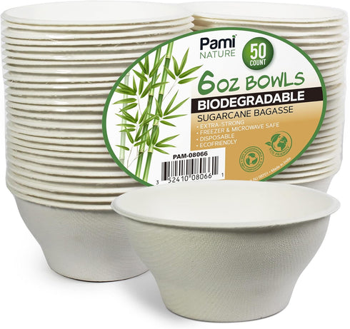 PAMI Biodegradable Sugarcane Bowls, Pack of 50 - 6oz Compostable Microwavable Paper Bowls for Hot & Cold Uses...