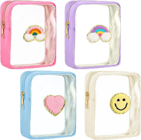 4 Pcs Preppy Patch Makeup Bag Cute Chenille Letter Pouch Cosmetic Makeup Cases Toiletry Bag with Zipper Travel Organizer Stuff Skincare Bags for G...