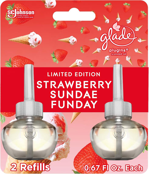 Glade PlugIns Refills Air Freshener, Scented and Essential Oils for Home and Bathroom, Strawberry Sundae Funday, 1.34 Oz, 2 Count...