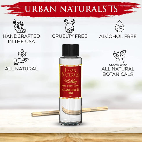 Urban Naturals Holiday Cranberry & Pine Scented Oil Reed Diffuser Refill | Cranberry, Holly Berries and Frosted Fir Needles | Includes a Free Set ...