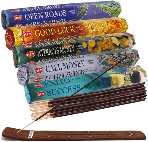 Hem Incense Sticks Variety Pack #5 and Incense Stick Holder Bundle with 5 Money and Success Themed Fragrances...
