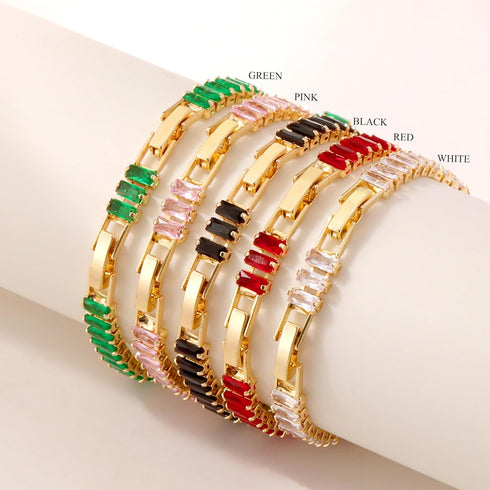 4PCS Colorful Gold Bracelets for Women, 5mm Square Cubic Zirconia Tennis Bracelet, 14K Gold Plated CZ Tennis Bracelets Pack for Women Adjustable J...