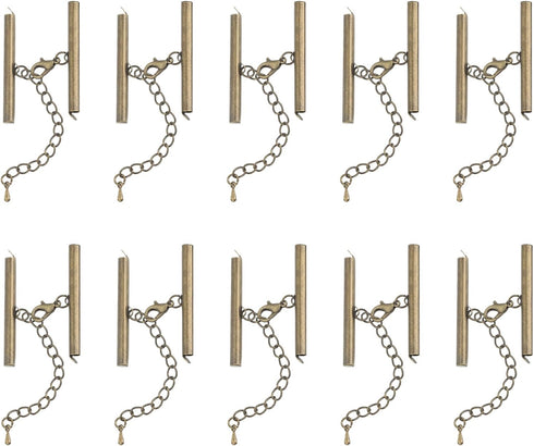 uxcell 10Sets Slide on End Clasps with Lobster Claw Clasps & Extension Chain, 40mm Tube Slider Crimp Cord Ends for DIY Craft Making, Bronze Tone...