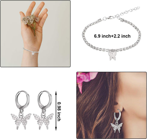 Hicarer Big Butterfly Pendant Necklace Rhinestone Chain Shiny Crystal Choker Pendant Collar Necklace and Butterfly Bracelet Butterfly Earrings Jew...