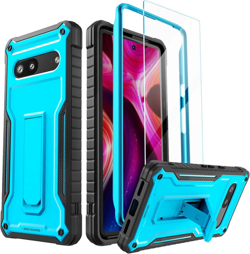 ExoGuard for Google Pixel 7 Case, Rubber Shockproof Full-Body Cover Case Come with a Tempered Glass Screen Protector and Kickstand (Blue)...