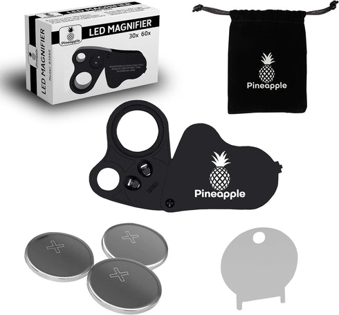 Pineapple 30X 60X Jewelers Loupe Magnifier with Light, Lighted Magnifying Glass Jewelry Loop, Pocket Magnifier for Coins, Jewelry, Plants, Currenc...