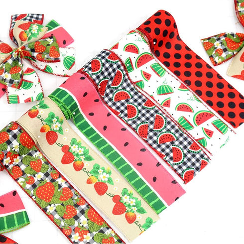 2.5" Watermelon and Strawberry Ribbon,Summer Craft Wire Edged Ribbon,Checks,Polka Dots,Watermelon Slices,Strawberries and Flowers Faux Linen Ribbo...
