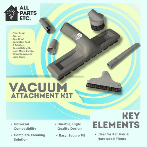 1.25" Gray Vacuum Attachment Kit with 2 Adapters (1-3/8" & 1-1/4") Floor Brush, Crevice Tool, Dust Brush, Upholstery Tool Compatible with Miele, E...
