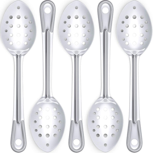 Super Strong, Ergonomic 11 in Serving Spoon 5 Pk. Big, Perforated Stainless Steel Spoons for Cooking, Baking and Basting. Best Kitchen Flatware fo...