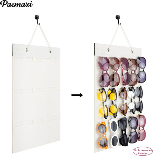 PACMAXI Sunglasses Storage Organizer, Wall Pocket Mounted by Sunglasses, Hanging Eyeglasses Storage Holder, Eyewear Display. (Ivory white, 15 Slot...
