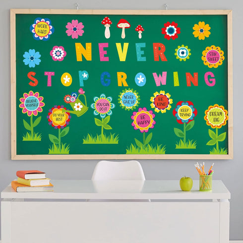 Funrous 90 Pcs Never Stop Growing Bulletin Board Decorations Summer Spring Classroom Theme Decor Positive Bulletin Board Set Flower Cutouts Inspir...