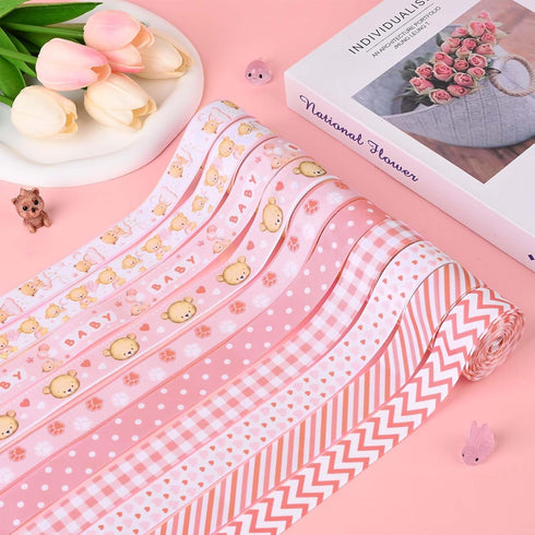 10Rolls Pink Baby Shower Grosgrain Ribbon Pink Bear Heart Paw Printed Ribbon for Baby Shower Diaper Cake Decorations Birthday Party DIY Craft...