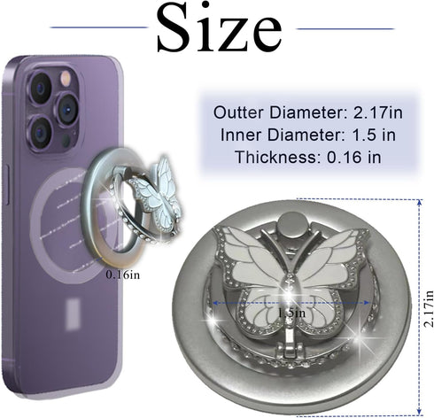 Magnetic Phone Ring Holder Compatible with MagSafe Phone Grip Kickstand for Magsafe Cases with Magnetic Adapter Circle, Adjustable Angle Butterfly...