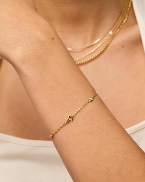 PAVOI 14K Gold Plated Sideways Cross Bracelet for Women | Religious Cubic Zirconia Station Bracelet | Confirmation Gift...