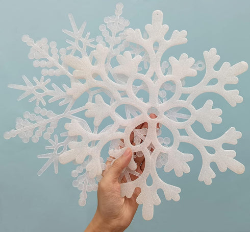 6pcs Large White Snowflakes Ornaments 12” Big Plastic Glitter Snowflake for Winter Indoor Outdoor Christmas Tree Window Room Decorations Giant Cra...