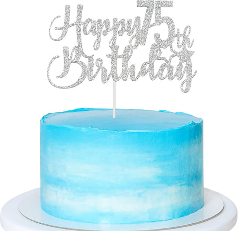 Silver Glitter Happy 75th Birthday Cake Topper - 75th Birthday Cake Topper, 75th Birthday Party Decoration...