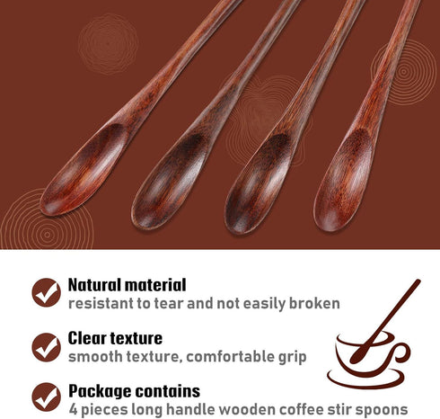 4 Pieces Wooden Coffee Mixing Spoons Long Handle Cocktail Spoons Wood Iced Tea Spoons Small Stirring Spoon for Mixing Coffee Tea Beverage, 7.87 In...