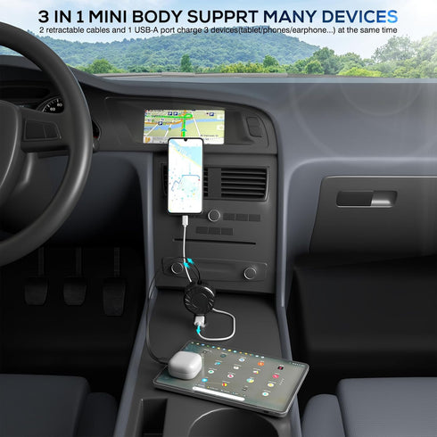 Retractable Car Charger, 3 in 1 Fast Charging Car Phone Charger 50W, Mini Car Adapter with 2 Cables+1 Port Cigarette Lighter USB C Charger for App...