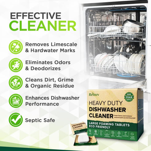 Heavy Duty Dishwasher Cleaner and Deodorizer Tablets, Descaler, Deep Cleaning, Natural Odor and Smell Remover, Calcium, Limescale, Hard Water Mark...