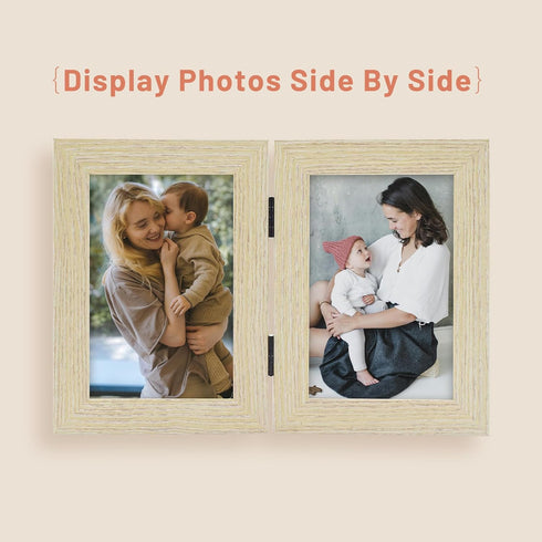 Golden State Art, 4x6 Double Picture Frame Vertical Hinged Photo Frame 2 Opening Folding Family Frames Collage, with Real Glass (4x6, Beige, 1-Pac...