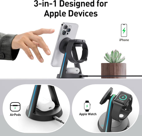 2024 Version RGB 3 in 1 Wireless Charging Station for iPhone Apple Watch AirPods Multiple Devices, Magnetic Wireless Charger Dock, Travel Charger ...