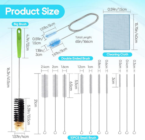 13PCS Tube Pipe Cleaners Brush Kit, COITEK 16.3-inch 1P Long Handle Brush, 8.2-inch 10PCS Different Diameters Brushes, 65in 1P Flexible Double End...