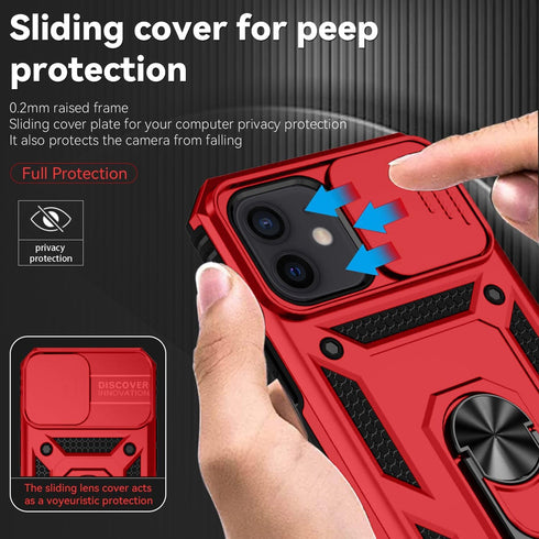 for iPhone 12 Mini Case with Slide Lens Cover, HD Screen Protector, Military Grade Drop Protection, Magnetic Rotated Ring Holder Kickstand Phone C...