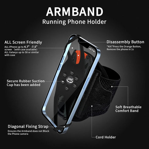 Armband Phone Holder 360° Rotation & Detachable, Compatible with iPhone 15/14/13/12/Pro/Pro ect., Samsung, and More Fits 4.7''-7.5'' Phones Ideal ...
