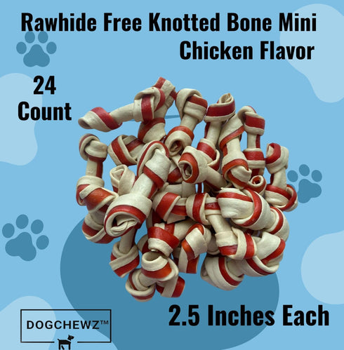 DOGCHEWZ™ Rawhide Free Knotted Bone Dog Chew Treats for Small & Puppy - Size 2.5 Inches (24 Count/Bag) - Chicken Flavored - Gluten Free...