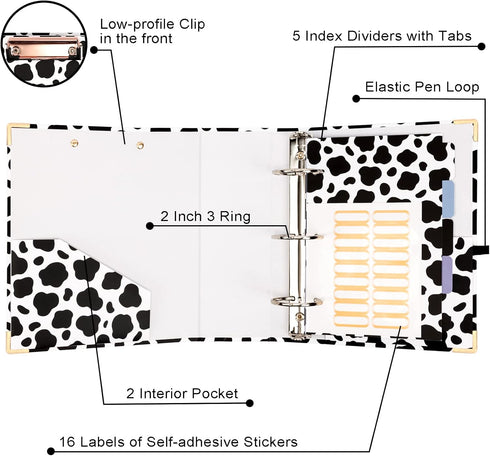2 Inch Mini 3 Ring Binder for 5.5" x 8.5" Paper with 5-Tab Dividers EYROZILL Cute Mini Binder for School/Office Supplies and Home, Cow Print...