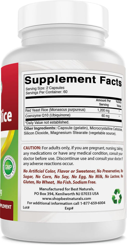 Best Naturals Red Yeast Rice with CoQ10, 120 Capsules - Cardiovascular Formula Contains 600 mg of Red Yeast Rice ans 30 mg of CoQ10...