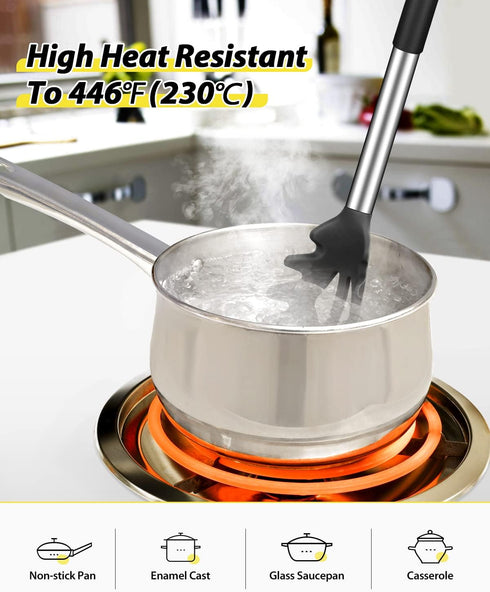 Silicone Pasta Fork and Soup Ladle Set, Non-Stick BPA Free Heat-Resistant Handy Kitchen Utensils for Cooking, Serving, Draining, Stirring (Black)...
