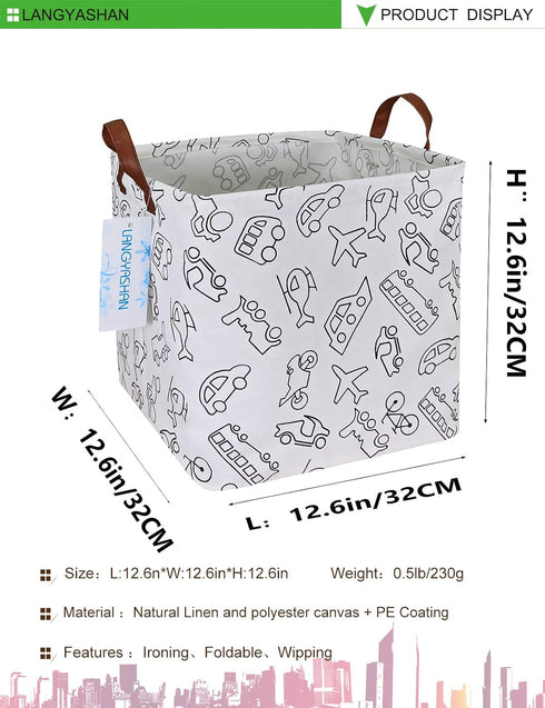 LANGYASHAN Square Storage Baskets Waterproof Canvas Children Laundry Nursery Hamper for Shelves Gift Baskets Toy Organizer Room Decor(Vehicle)...