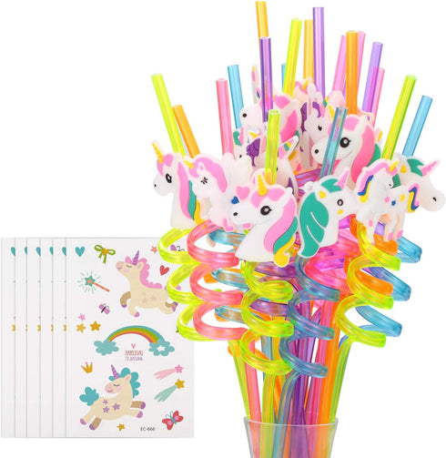 24 Reusable Unicorn Drinking Plastic Straws + 6 Temporary Tattoos for Girls | Birthday Party Supplies - Rainbow Unicorn Party Favors Decorations w...