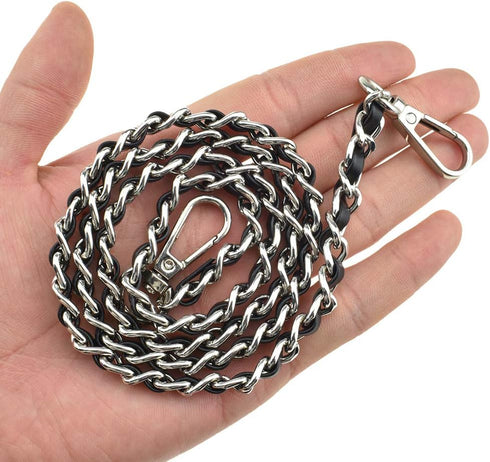 HAHIYO Mini Purse Chain Strap Slim Wide 8mm for LV Length 31.5 inches Extra Thick 4.5mm Black Leather Silver Hardware for Shoulder Cross Body Slin...