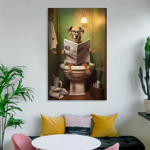 FireDeer Funny Bathroom Canvas Wall Art Dog Animal Reading the Newspaper On Toilet Poster Humor Painting Canvas Prints Modern Aesthetic Picture Fa...