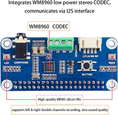 WM8960 Audio HAT Module for Raspberry Pi 4B/3B+/3B/2B/B+/A+/Zero/Zero W/Pi Zero WH,WM8960 Hi-Fi Sound Card HAT Stereo CODEC, Play/Record...