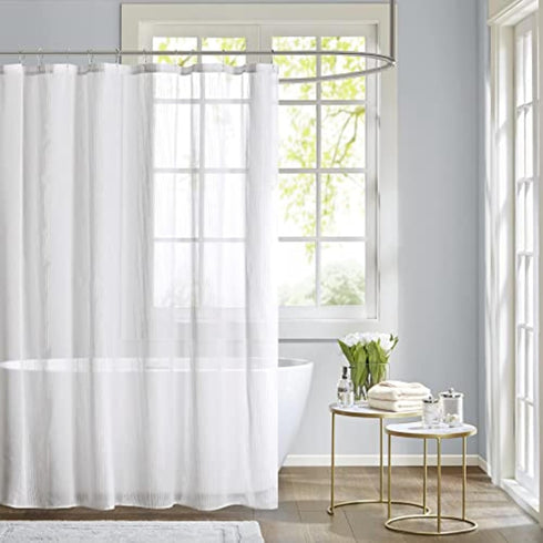 Madison Park Anna Sheers Shower Curtain, Textured Striped Accent Design, Modern Mid-Century Bathroom Decor, Machine Washable, Fabric Privacy Scree...