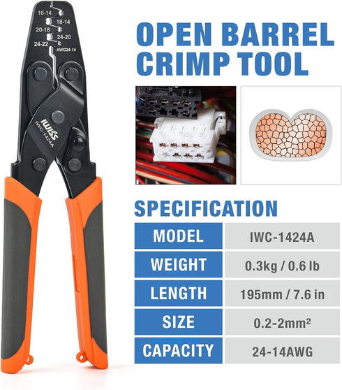 iCrimp IWC-1424A Crimping Tools for Deutsch DT Series Stamped & Formed Contact, Open Barrel Terminal Crimping Tool, AWG14 to AWG24 Wire Crimper...