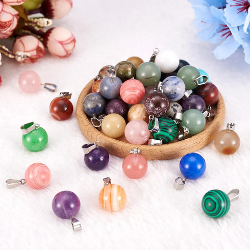 FASHEWELRY 50Pcs Chakra Round Stone Pendants Mixed Healing Crystal Quartz Gemstone Charms for Necklace Jewelry Making Hole: 2x7mm...