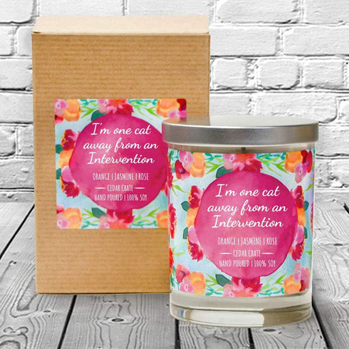 Funny Candles - I'm One Cat Away from an Intervention - Cat Mom Gifts, Orange, Jasmine, Rose, Luxury Scented Soy Funny Candles, 13.5 oz. Jar, 10 O...