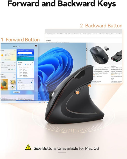 Ergonomic Mouse, 2.4GHz Optical Vertical Mouse with 5 Adjustable DPI Levels, Up to 4800 DPI, Silent Wireless Mouse with 6 Ergonomic Buttons for La...