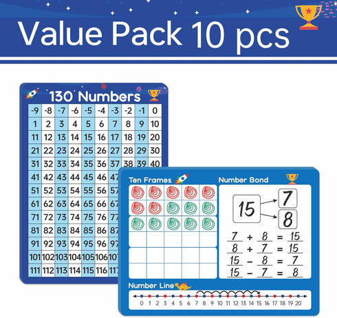 Dinggaogao10 Packs Number Line Whiteboards Cards, 9” x 12”Double Sided Dry Erase Board Writable and Erasable 130 Numbers Chart White Board for Stu...