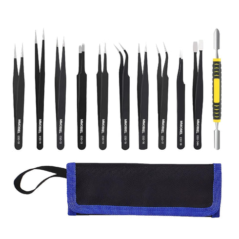 MMOBIEL 10x Industrial Precision ESD Tweezers Anti-Static Stainless Steel for Electronics Tools, Jewelry, Computer, Laboratory Work, Crafts and Ho...