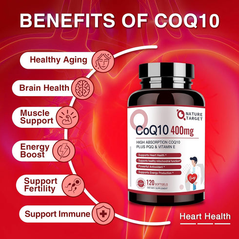 NATURE TARGET CoQ10-400mg Plus PQQ with Vitamin E & Organic Olive Oil - Coenzyme-Q10 with BioPerine - High Absorption Antioxidant-for-Heart-Health...