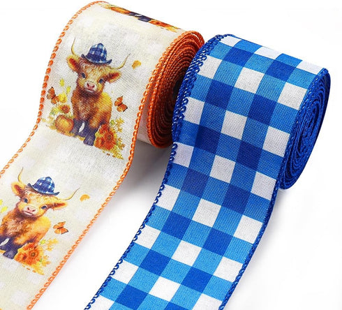 2 Rolls Cute Animal Ribbons for Crafting, Spring Summer Wired Edge Ribbon Blue Buffalo Plaid Ribbon Bow Birthday Calf Farmhouse Burlap Ribbon for ...