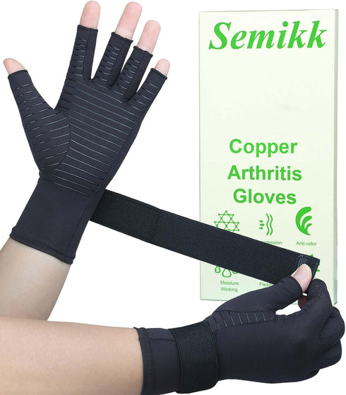 Copper Arthritis Gloves with Adjustable Wrist Strap for Women Men, Fingerless Compression Gloves for Arthritis, Carpal Tunnel, Pain Relief, Swelli...