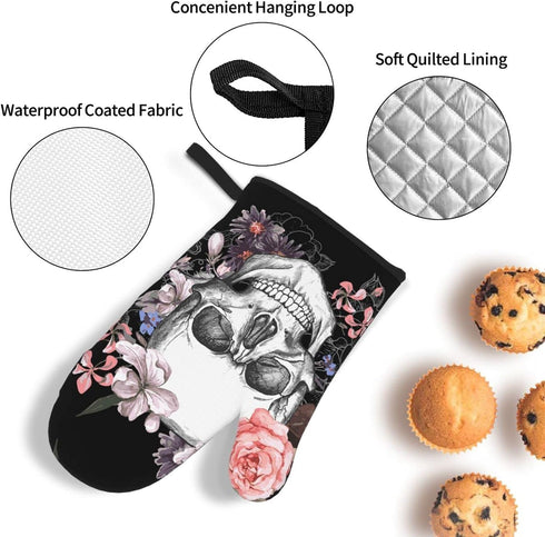Halloween Skull and Flowers Day of The Dead Oven Mitts and Pot Holders Sets,Heat Resistant Non-Slip Cooking Gloves with Cotton Lining for Kitchen ...