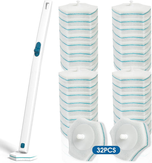 Disposable Toilet Brush Handle with 32 Count Toilet Refills, Disposable Toilet Bowl Brush & Upgraded Toilet Bowl Refill Pads for Bathroom and Toil...