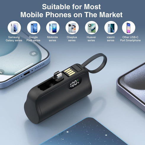 Mini Power Bank Portable Charger with Portable Connector, USB-C Compact Battery Pack Travel Portable Phone Charger Compatible with iPhone 15/15 Pr...
